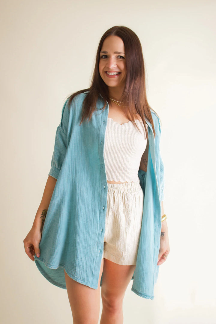 Zen Cotton Button Down Shirt Dress (Dusty Teal)