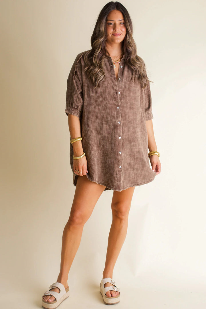 Zen Cotton Button Down Shirt Dress (Brown)