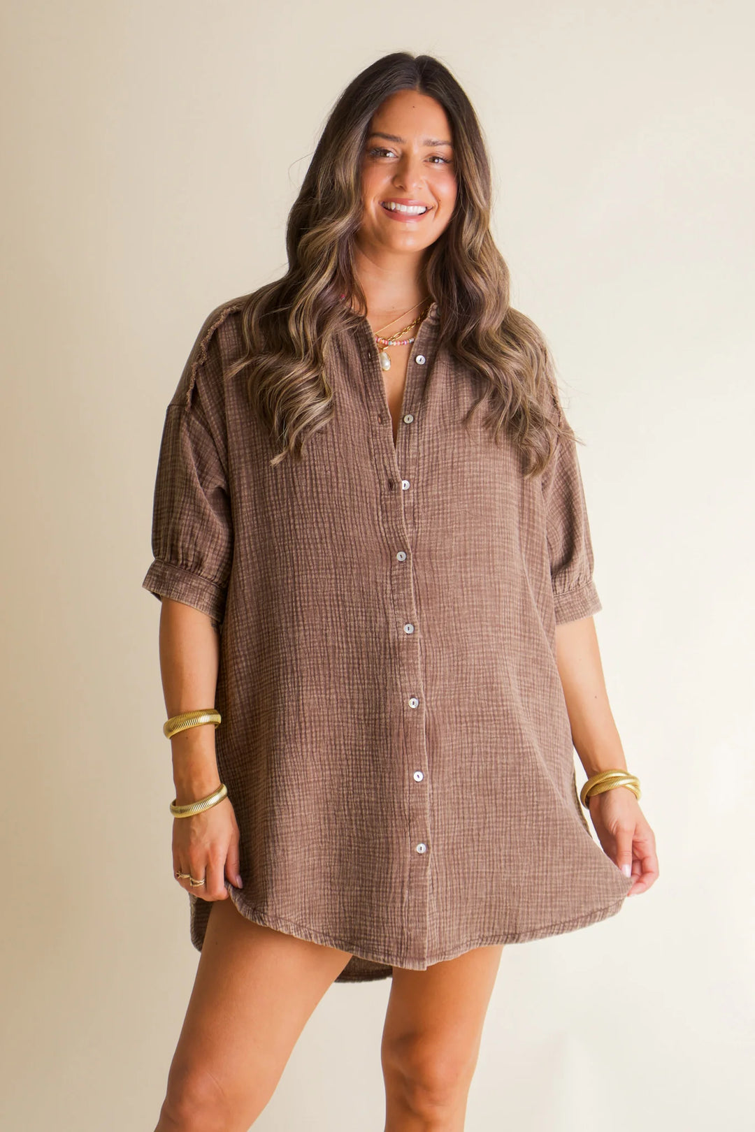 Zen Cotton Button Down Shirt Dress (Brown)