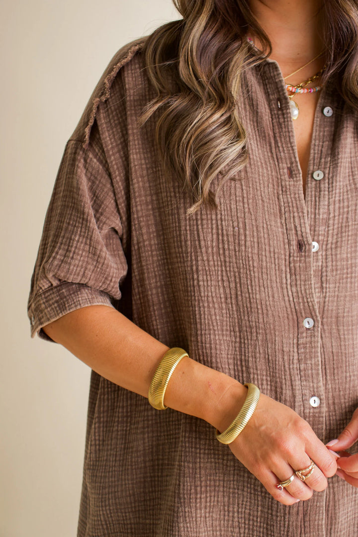 Zen Cotton Button Down Shirt Dress (Brown)