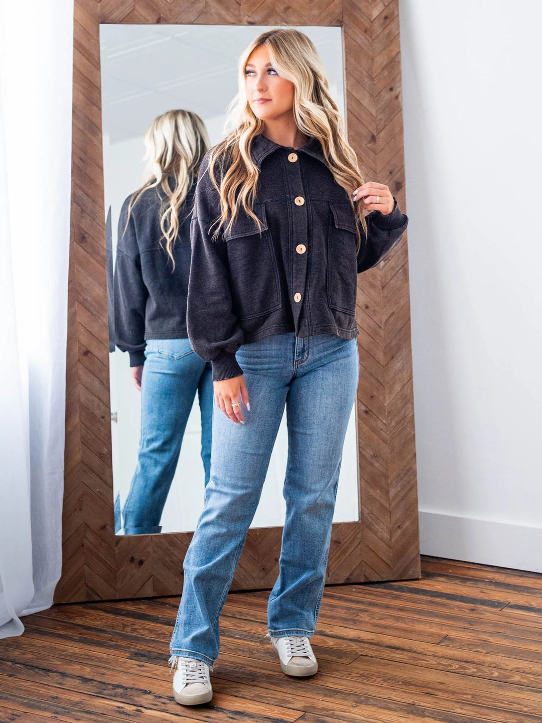 Zen Acid Wash Fleece Shacket (Black)