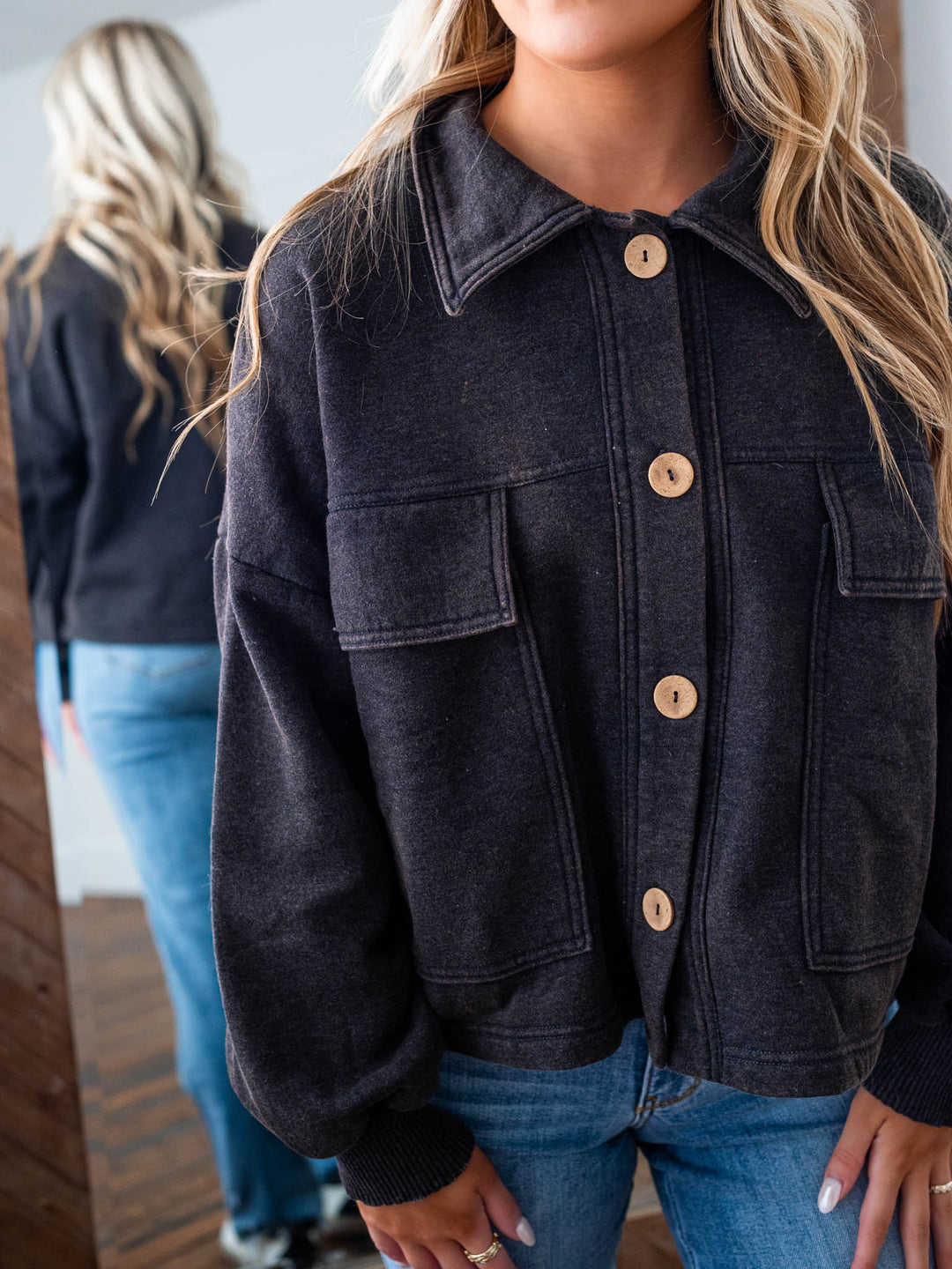 Zen Acid Wash Fleece Shacket (Black)