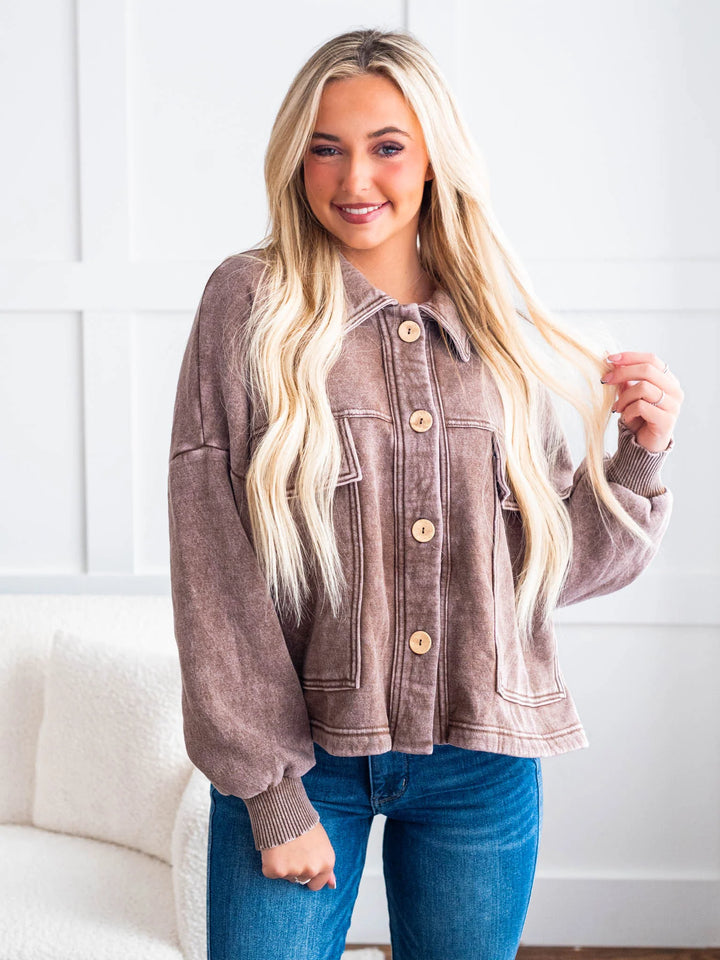 Zen Acid Wash Fleece Shacket (Mocha)