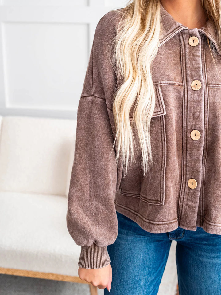 Zen Acid Wash Fleece Shacket (Mocha)