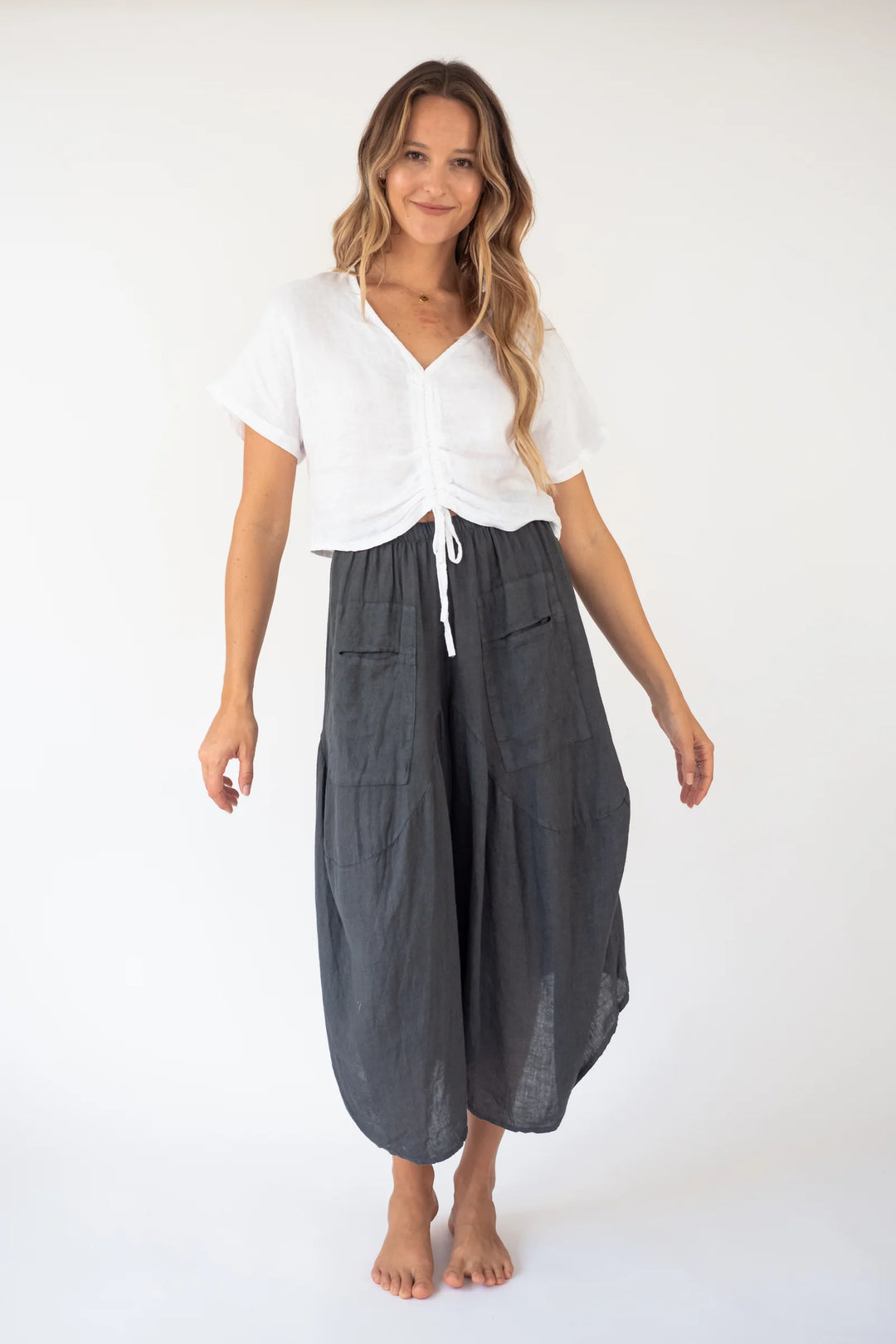 Meo Linen Crop Harem Pants (Charcoal)