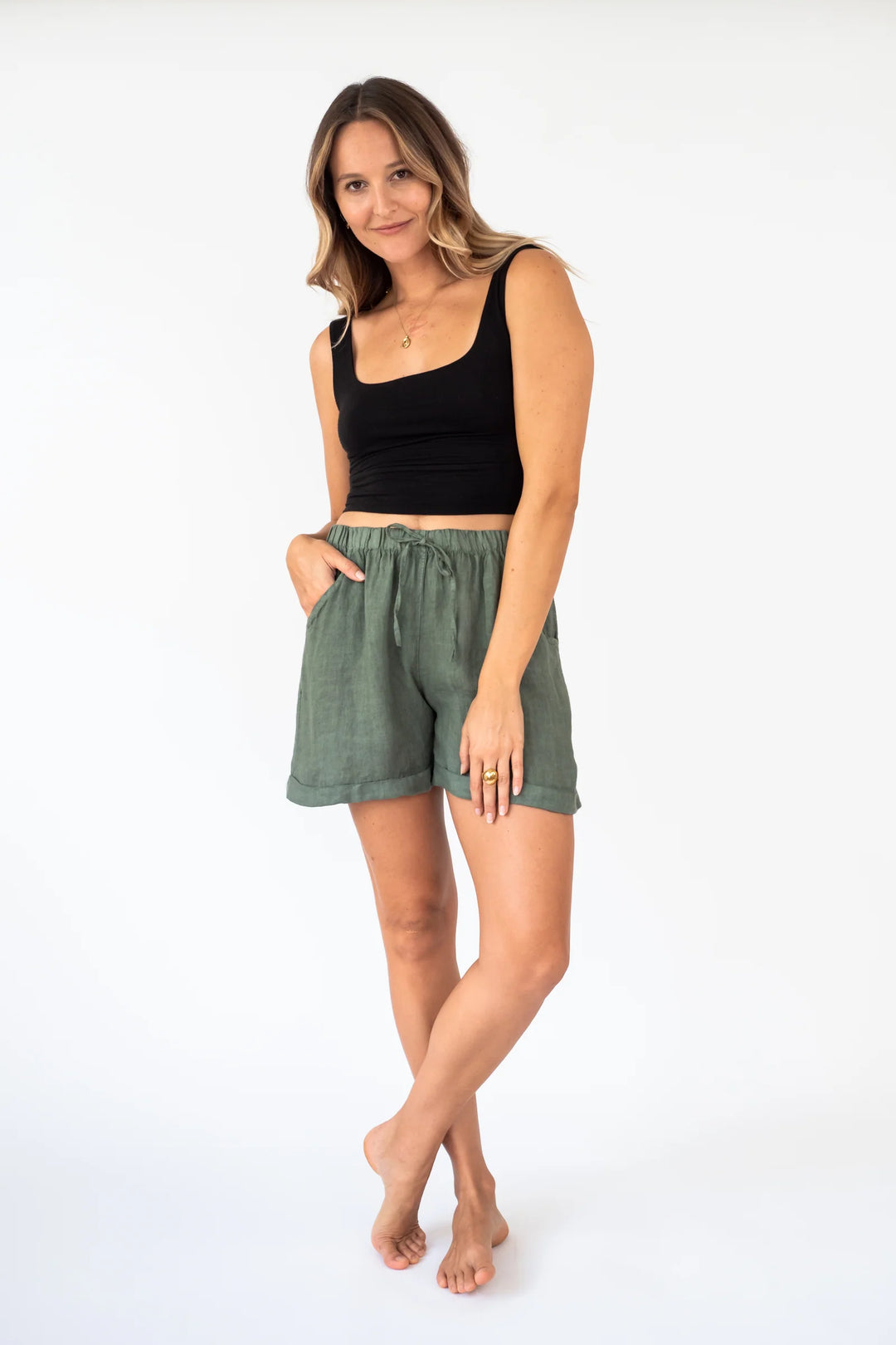 Meo Linen High Rise Shorts (Olive)