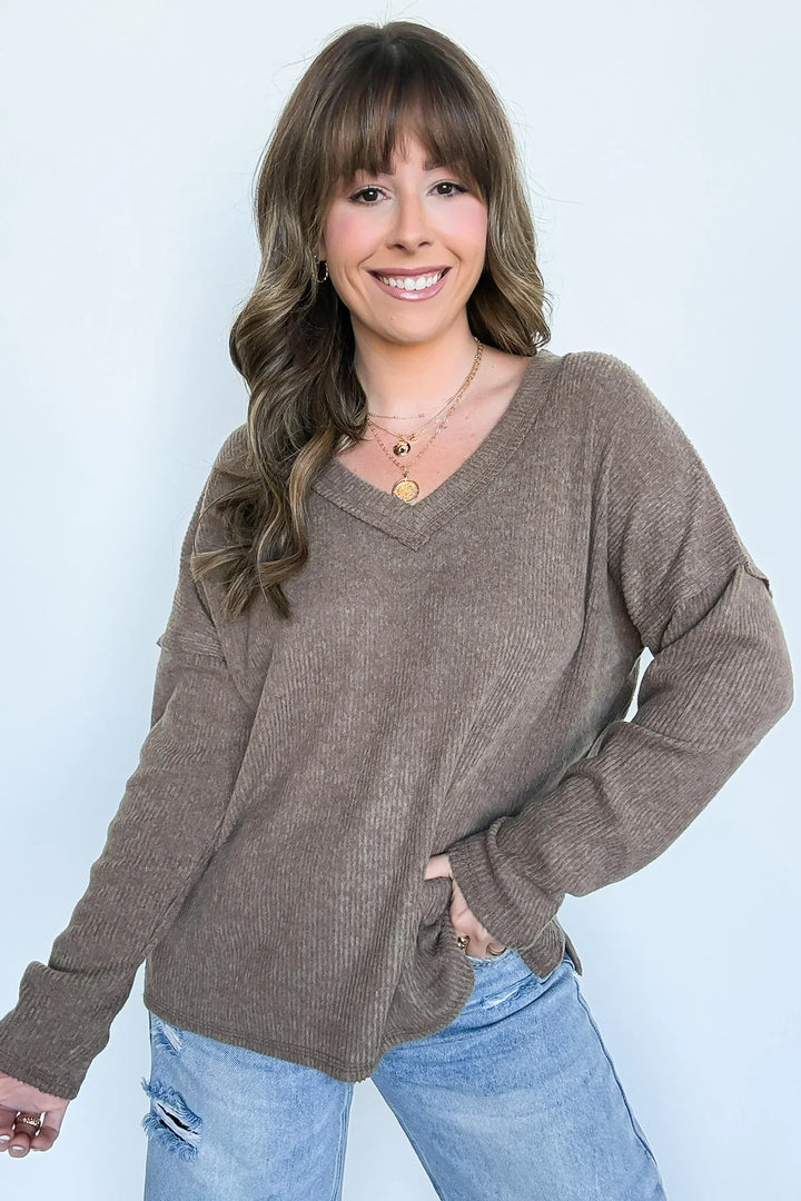 Zen Brushed V Neck Sweater (Mocha)