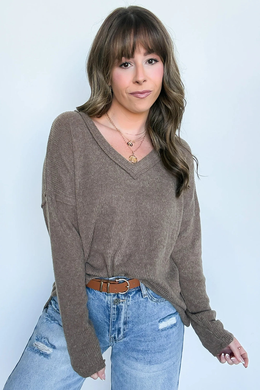 Zen Brushed V Neck Sweater (Mocha)