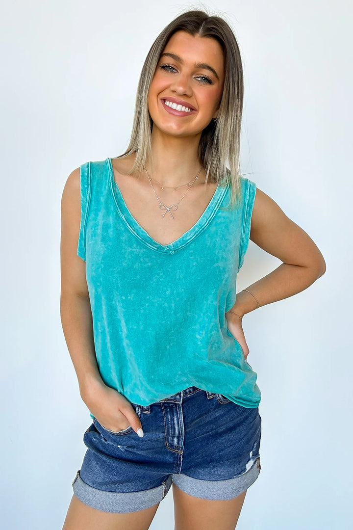 Zen Mineral Wash Cotton Tank (Light Teal)