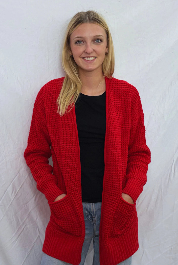 Zen Waffle Knit Cardigan (Ruby)