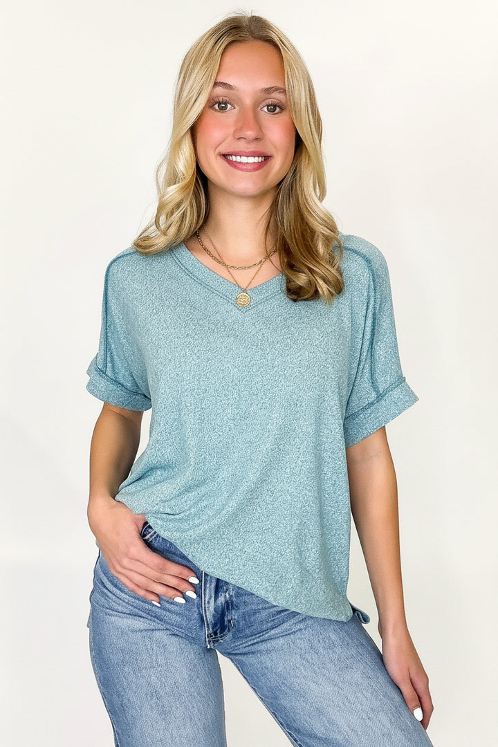 Zen Hacci Knit V Tee (Dusty Teal)