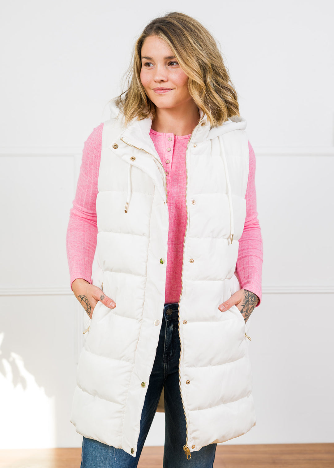 Twenty Six Puffer Midi Vest (Ivory)