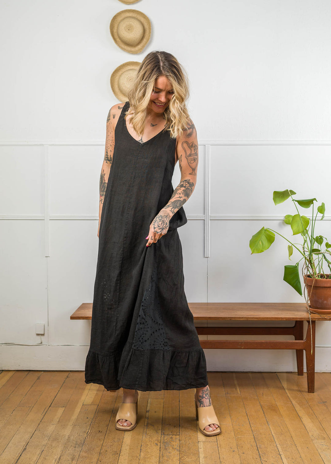 Meo Linen Crochet Maxi Dress (Black)