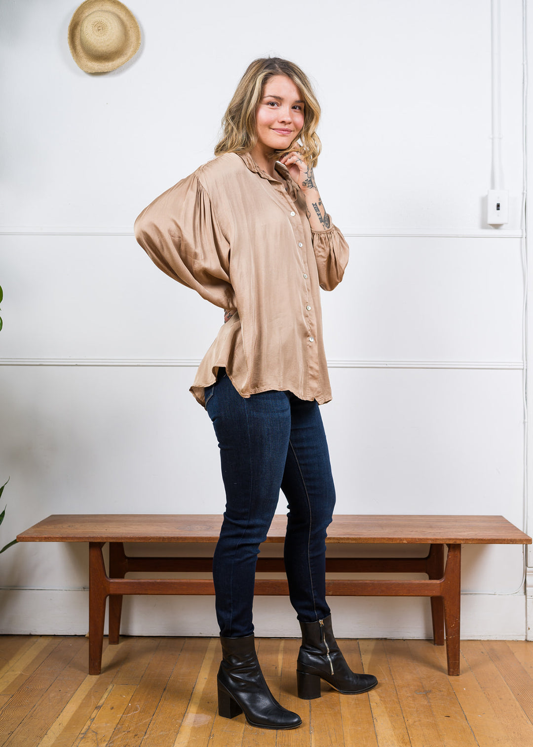 Meo Button Down Satin Shirt (Camel)