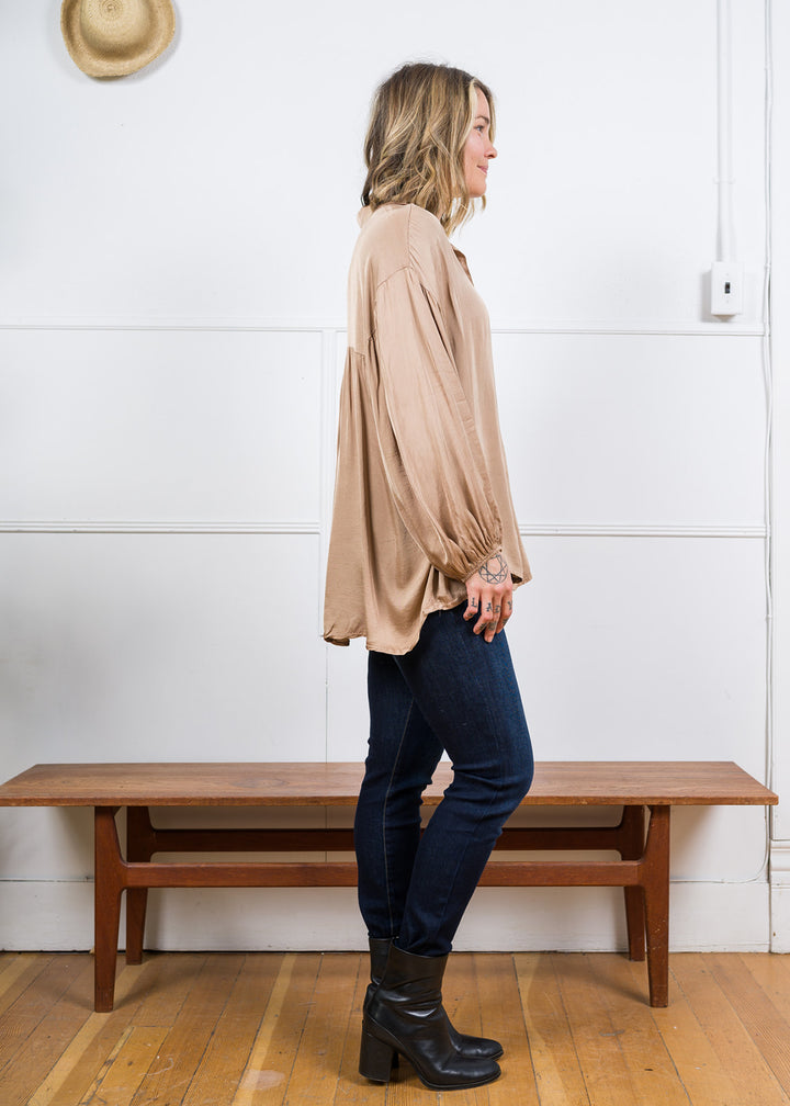 Meo Button Down Satin Shirt (Camel)