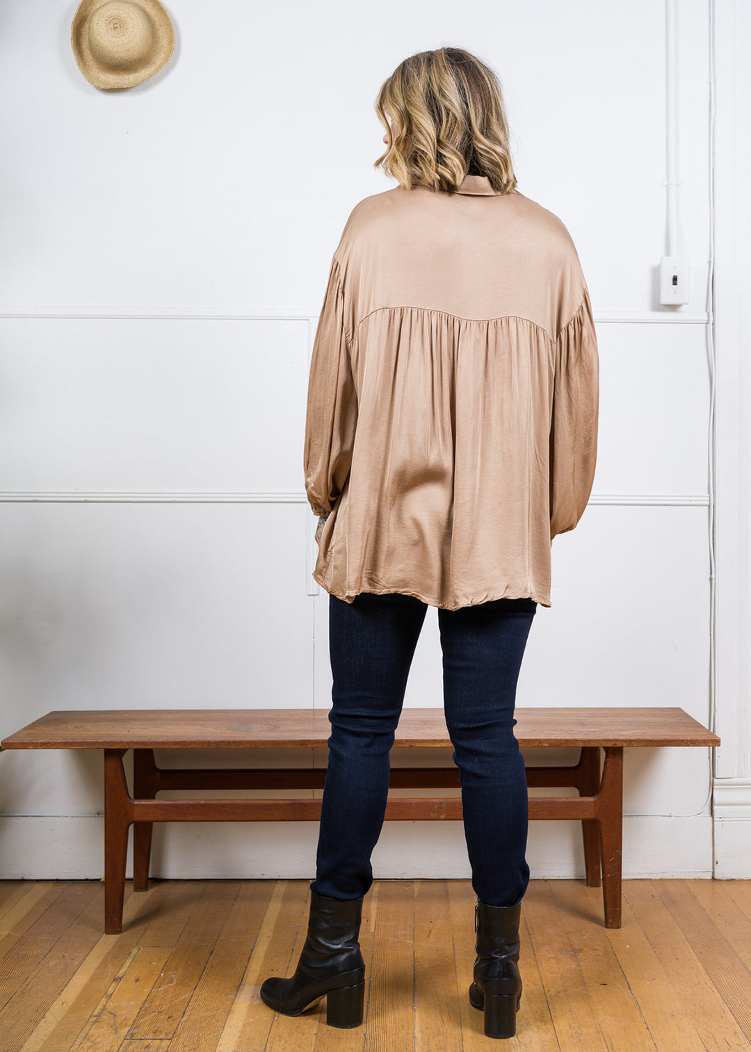 Meo Button Down Satin Shirt (Camel)