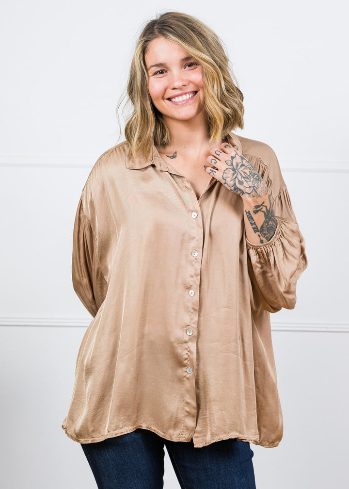 Meo Button Down Satin Shirt (Camel)