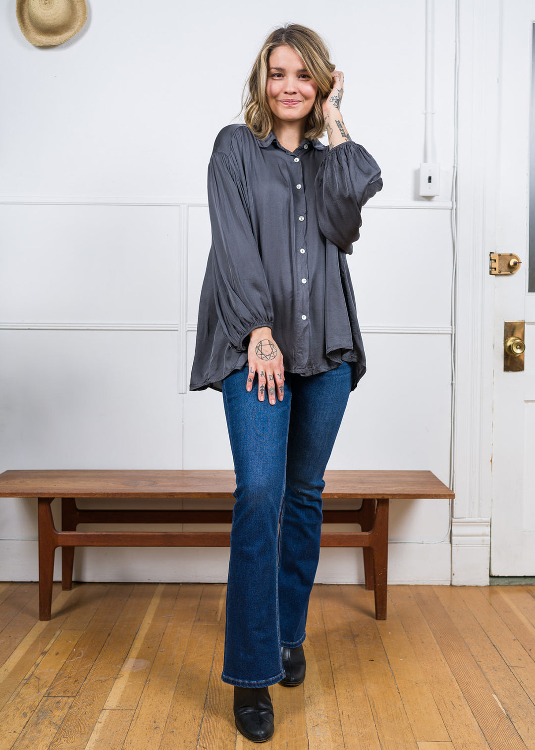 Meo Button Down Satin Shirt (Charcoal)
