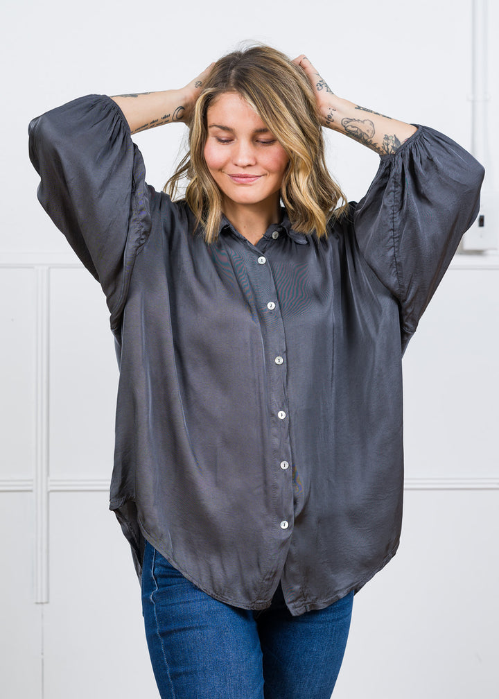 Meo Button Down Satin Shirt (Charcoal)