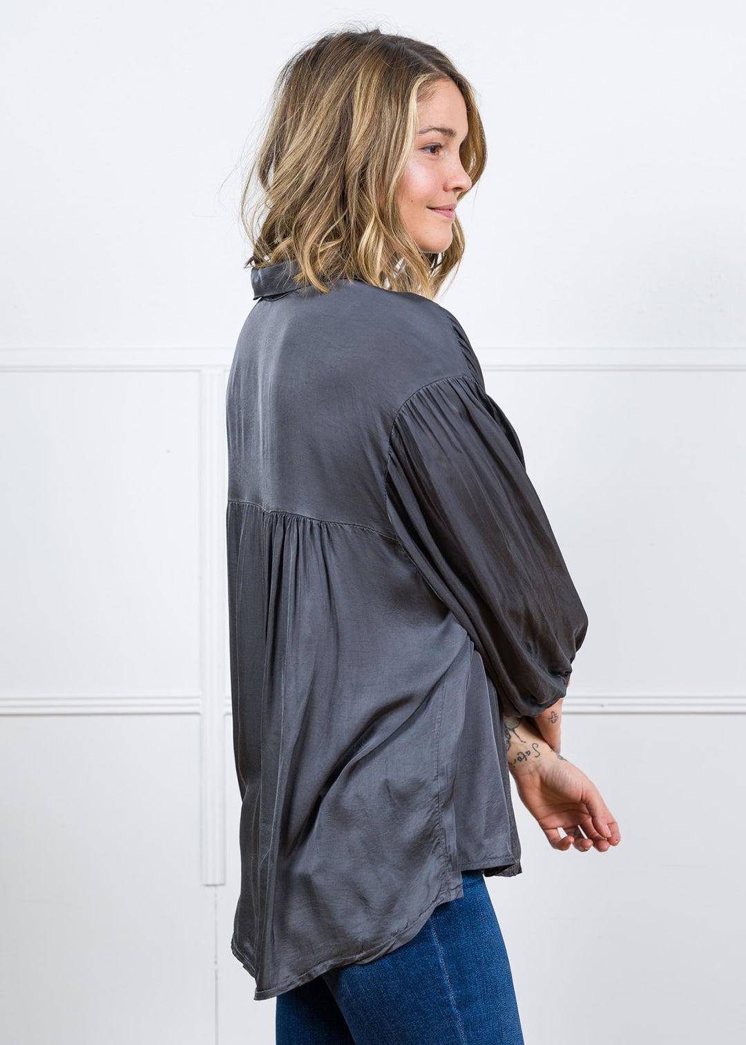Meo Button Down Satin Shirt (Charcoal)