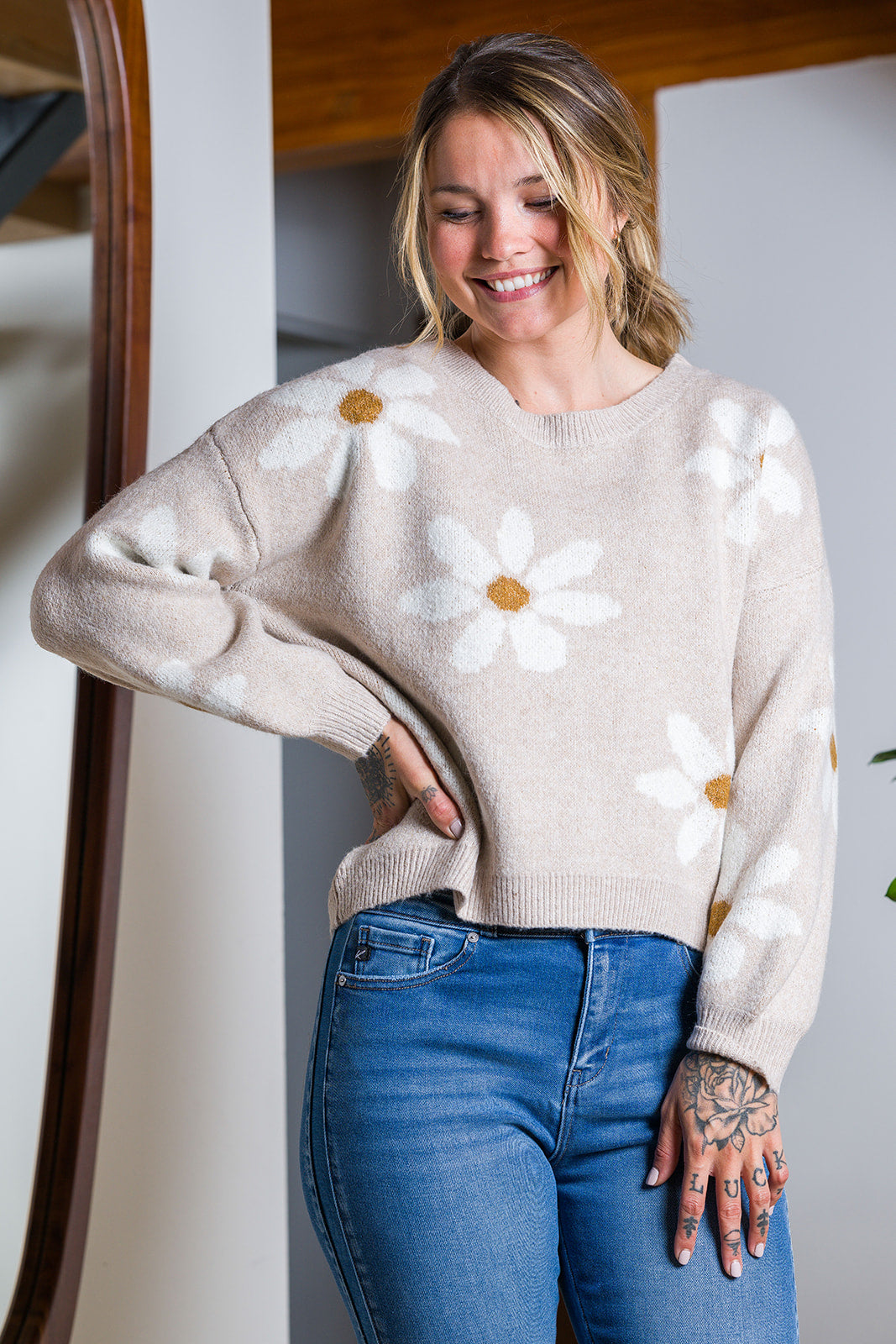 My Cozy Floral Knit Sweater (Beige)