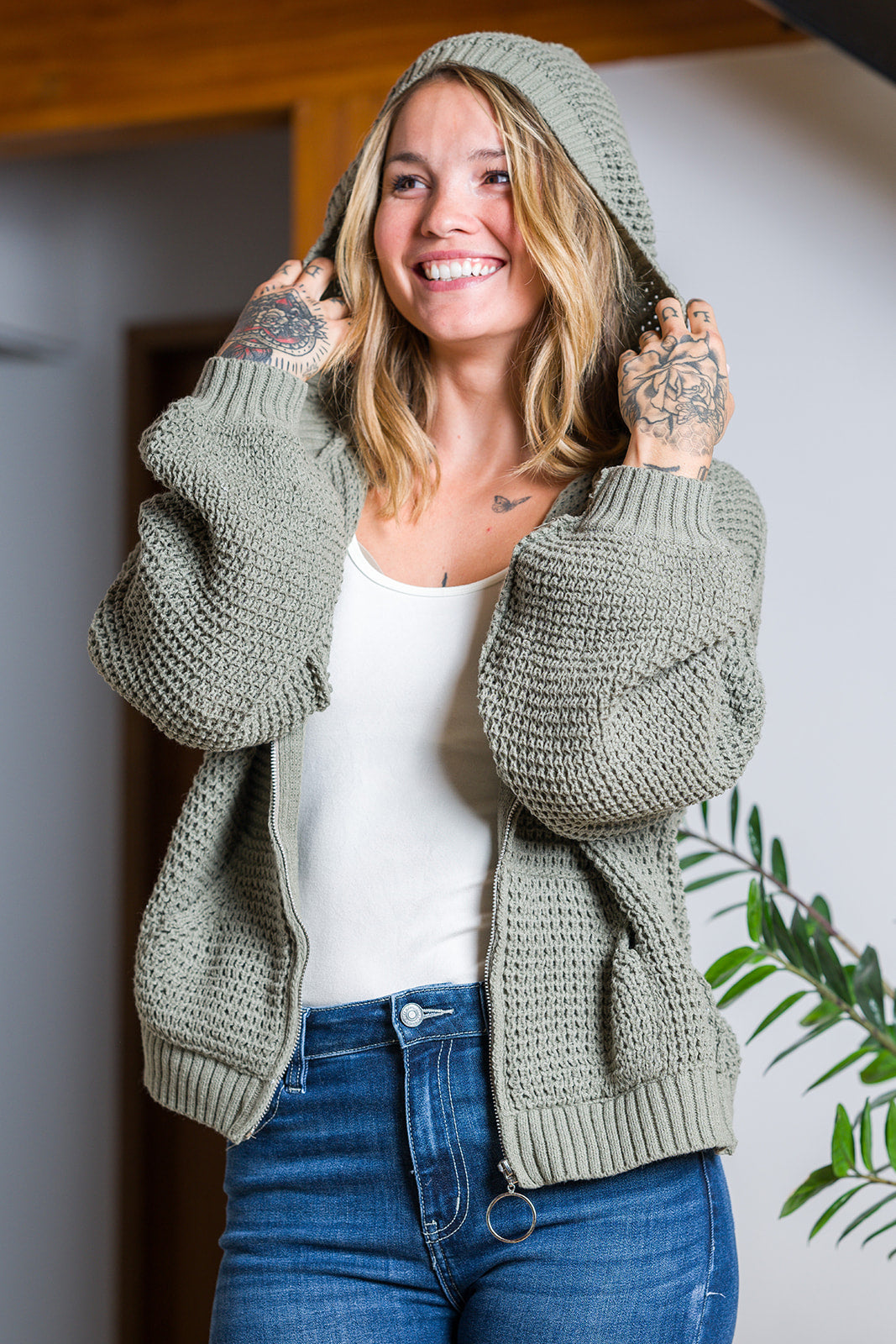 My Cozy Cable Knit Zip Up Hoodie (Sage)