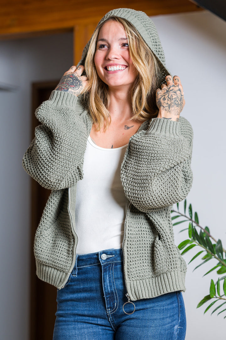 My Cozy Cable Knit Zip Up Hoodie (Sage)