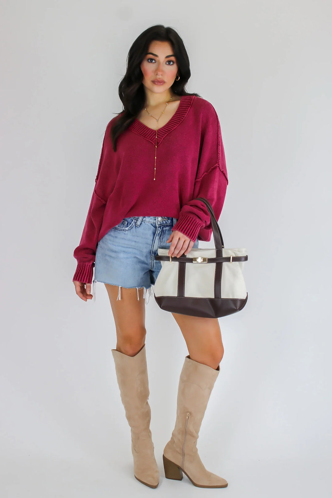 Zen Oversized Cotton V Neck Sweater (Cabernet)