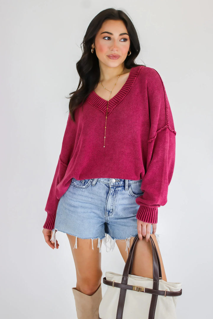 Zen Oversized Cotton V Neck Sweater (Cabernet)