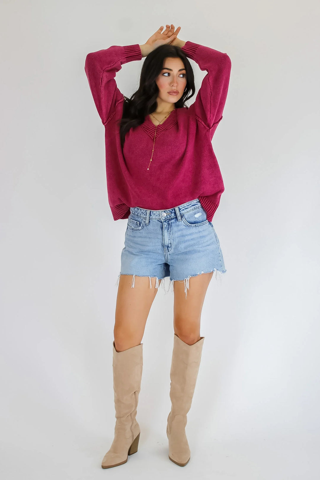 Zen Oversized Cotton V Neck Sweater (Cabernet)
