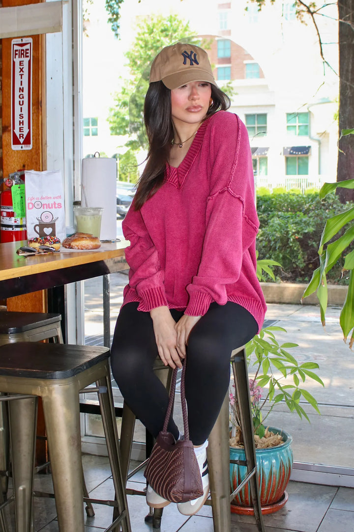 Zen Oversized Cotton V Neck Sweater (Cabernet)