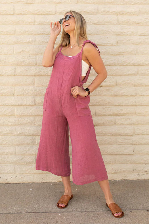 Lighter Days Linen Jumpsuit (Dark Pink)