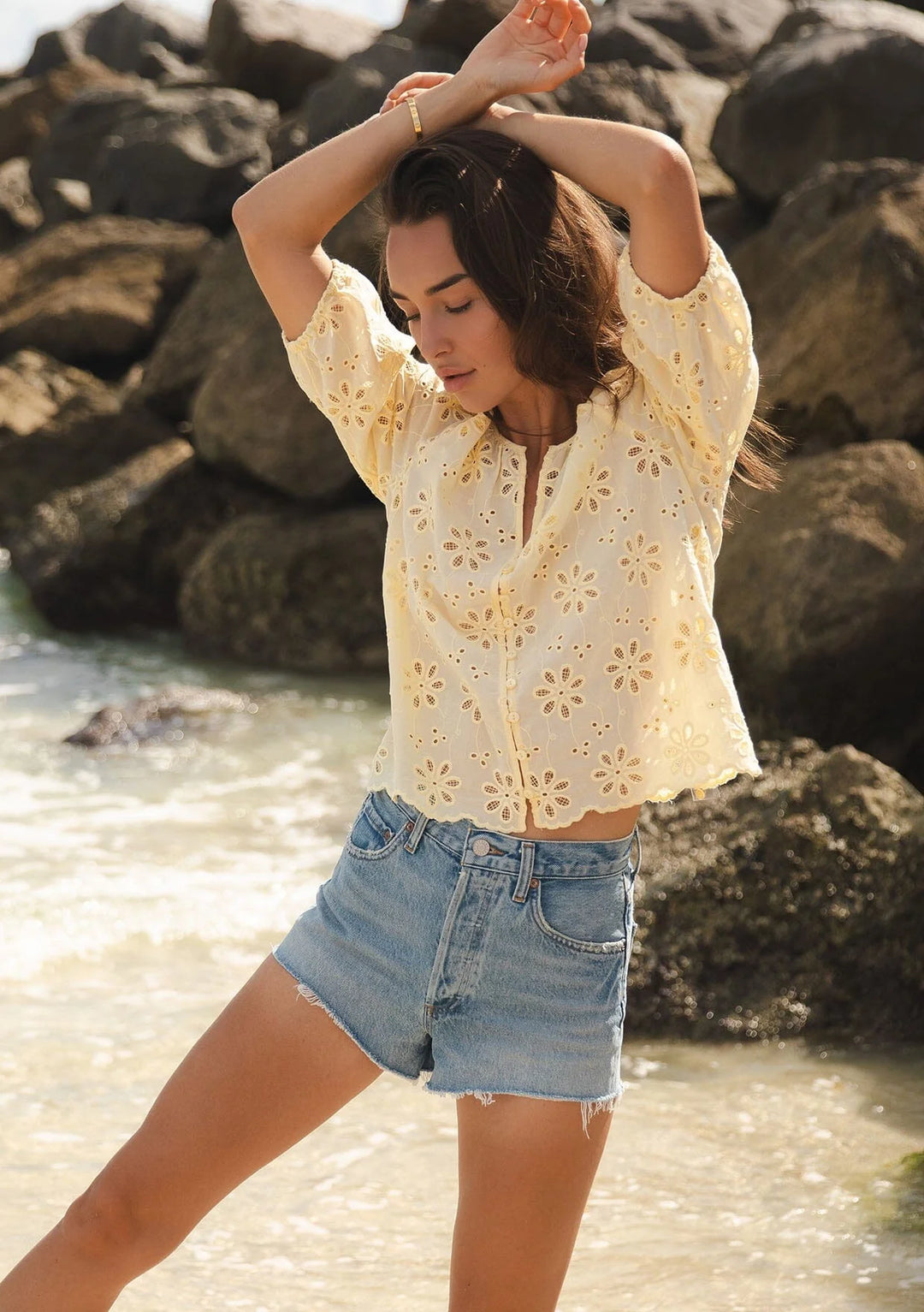 Lovestitch Nina Cotton Eyelet Top (Yellow)