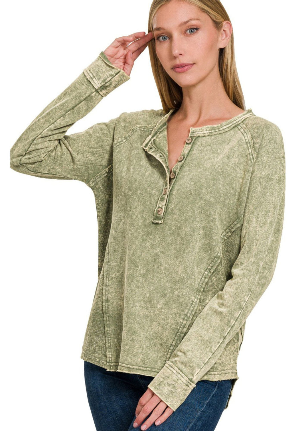 Zen French Terry Henley Top (Ash Olive)