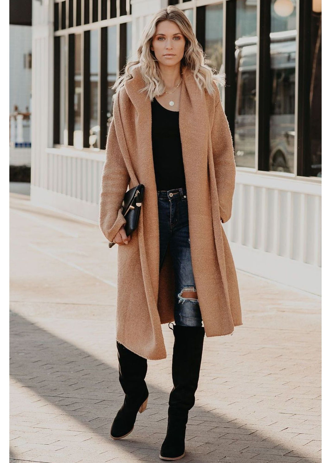Sweater Coat in Camel by Vibe Apparel