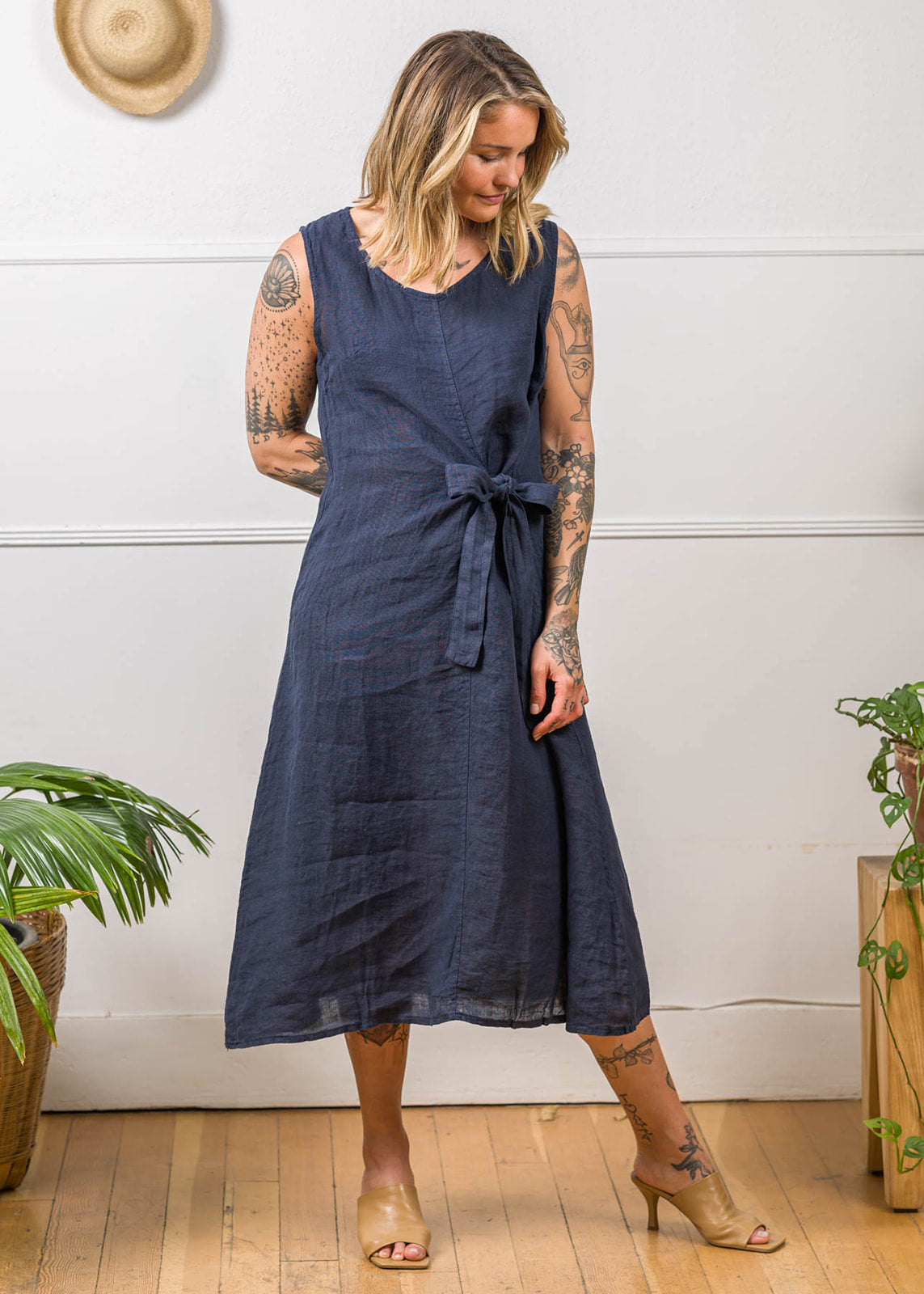 Navy linen 2025 midi dress