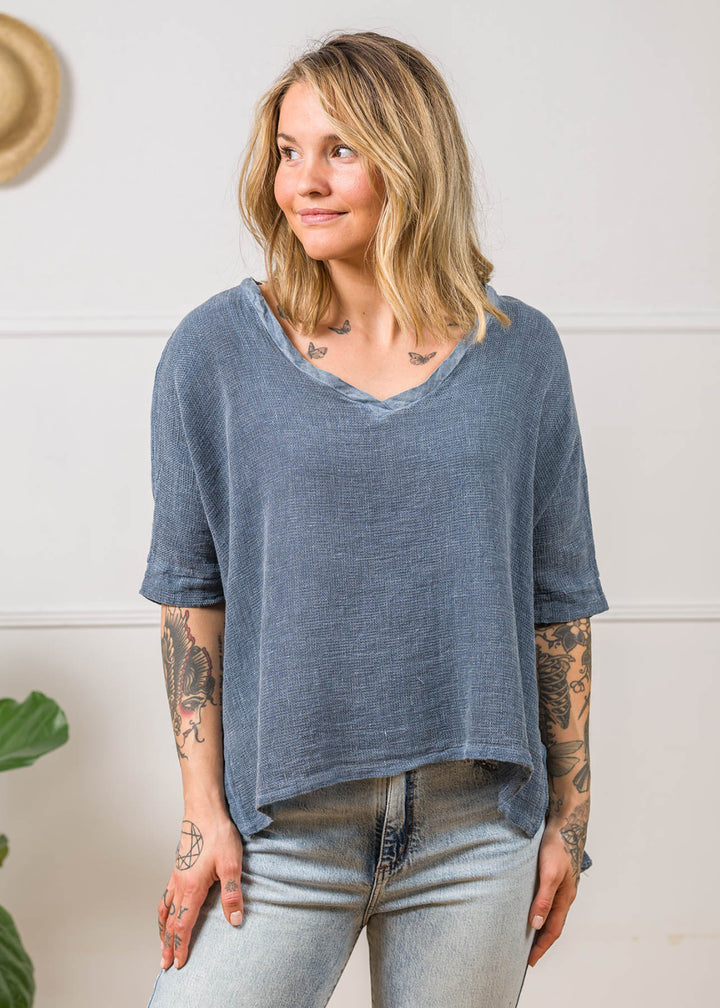 Meo Linen High-Low V Tee (Navy)