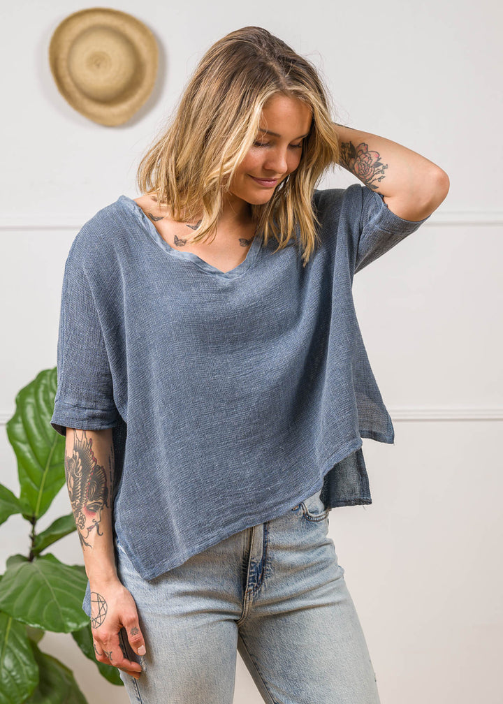 Meo Linen High-Low V Tee (Navy)
