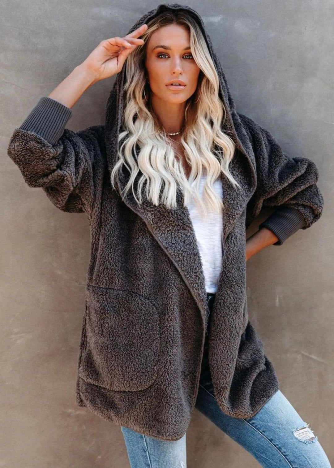 Coziest yet plush cardigan in Steel Grey by Vibe Apparel Canada