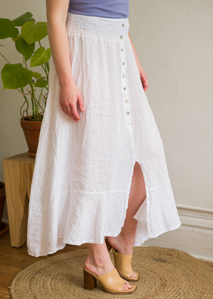 Meo Linen Button Midi Skirt (White)