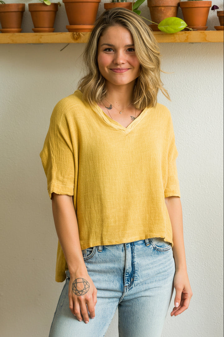 Meo Linen High-Low V Tee (Mustard)