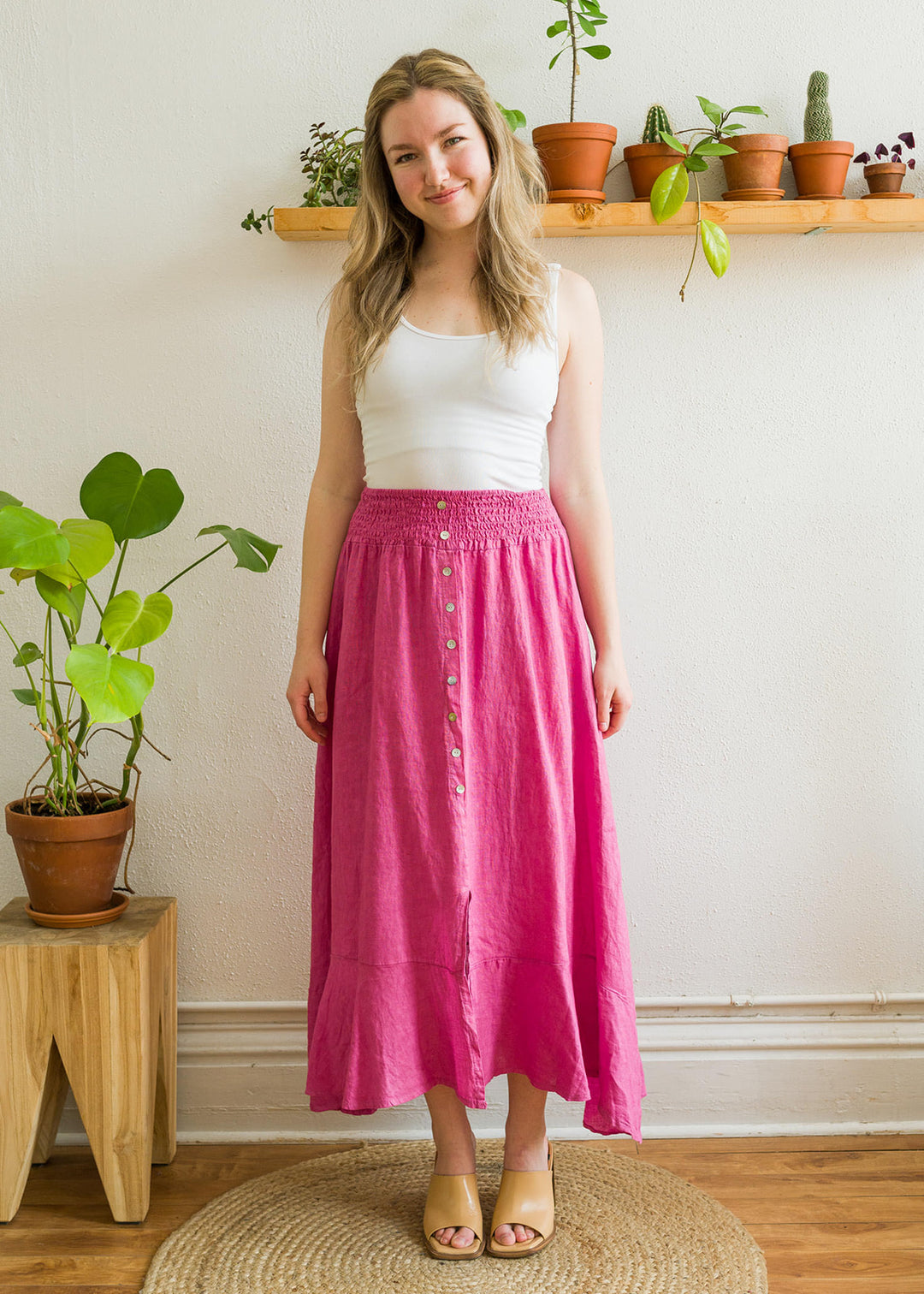 Cottage-core 100% linen maxi skirt with buttons and elastic waist