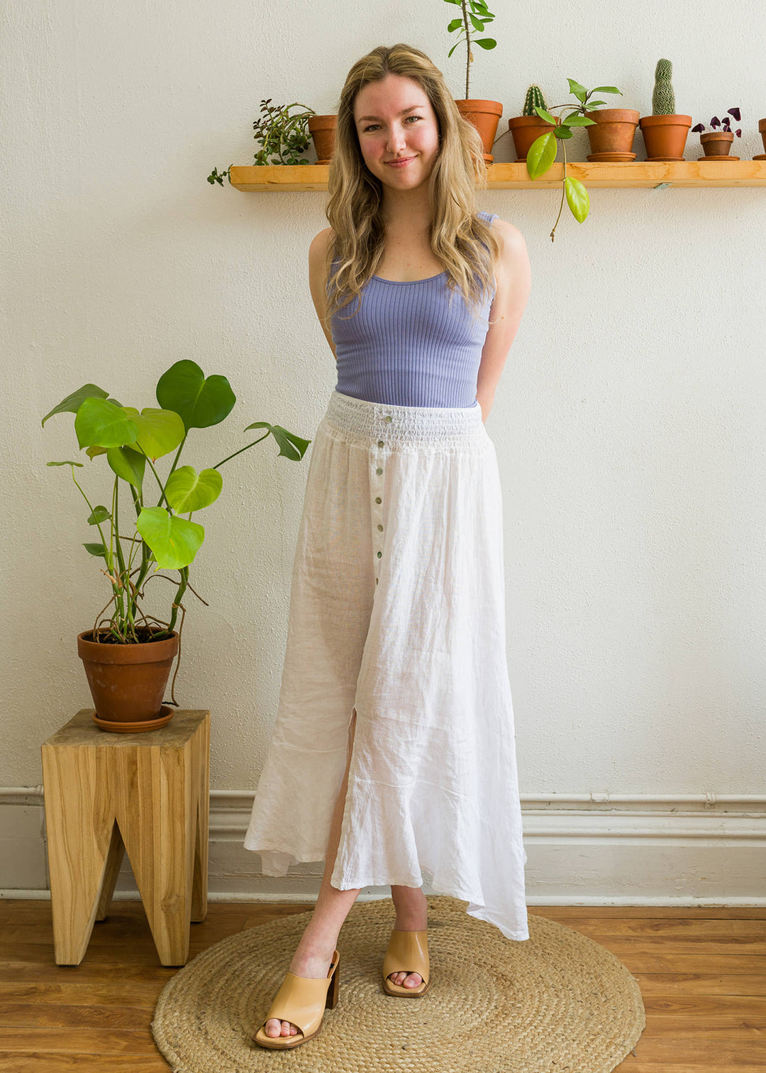 Cottage-core white linen midi skirt with buttons