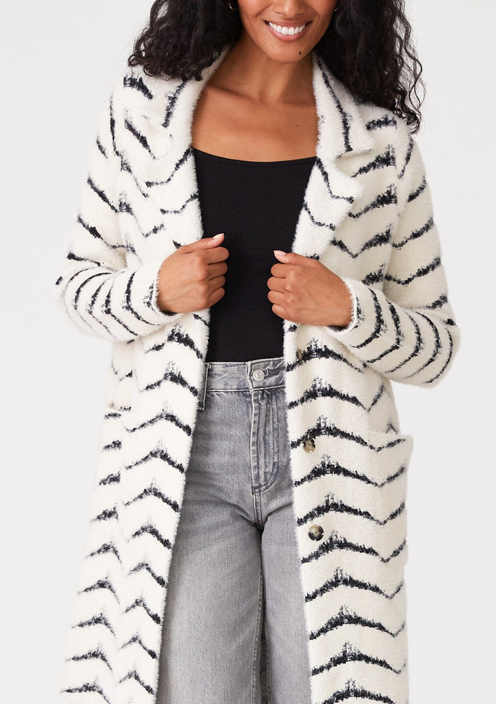 Lovestitch Fuzzy Chevron Sweater Coat (Cream/Black)