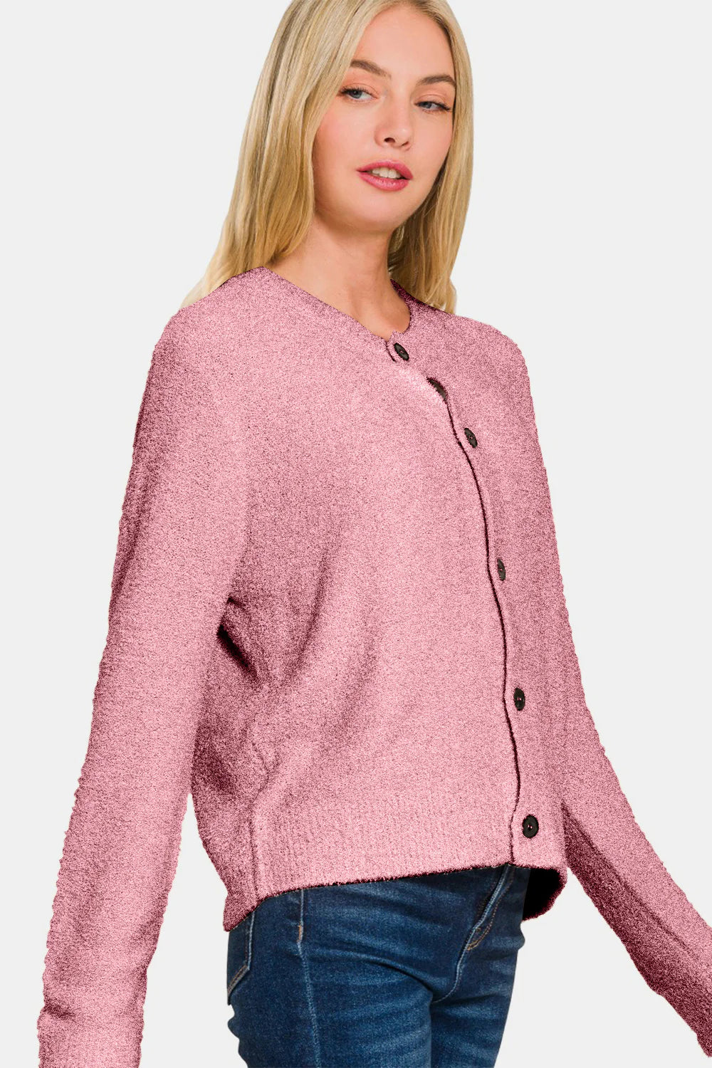 Zen Fuzzy Button Cardigan (Light Rose)