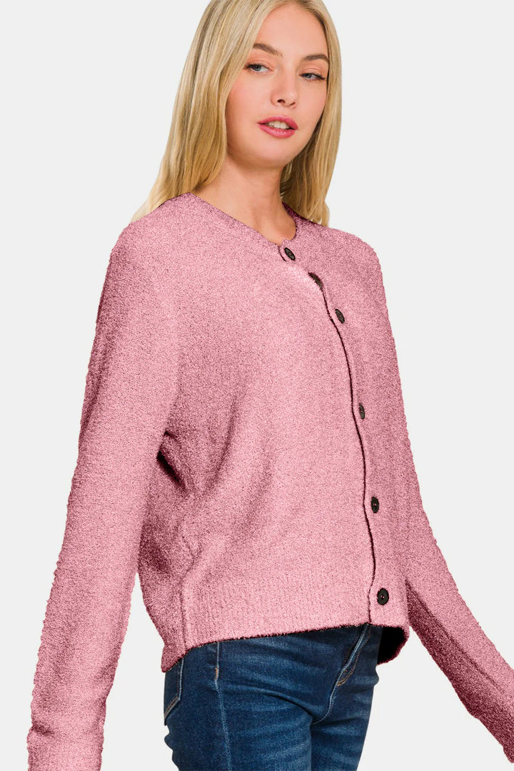 Zen Fuzzy Button Cardigan (Light Rose)