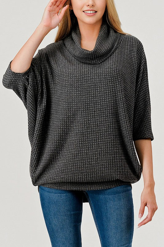 Natural Vibe Waffle Knit Cowl Neck Top (Charcoal)