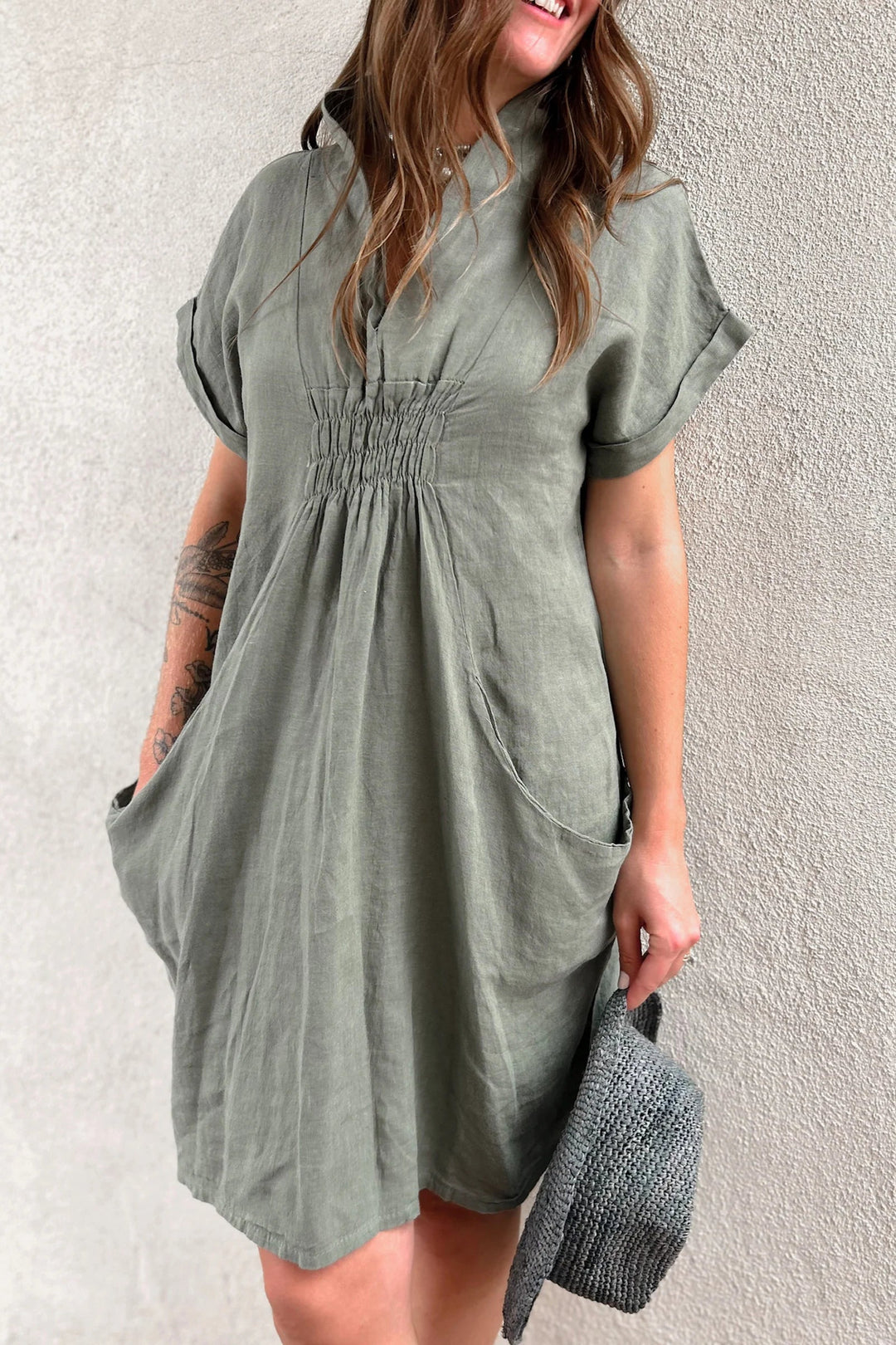 Meo Linen Pocket Dress (Olive)