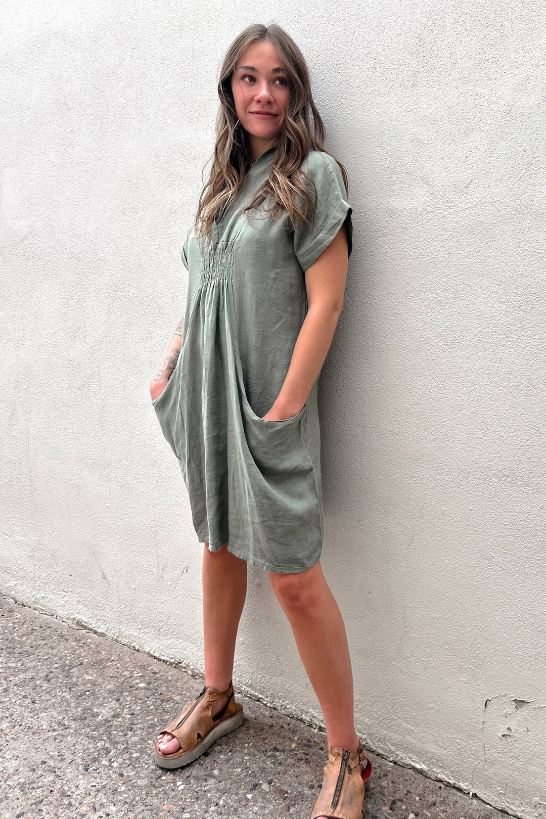 Meo Linen Pocket Dress (Olive)