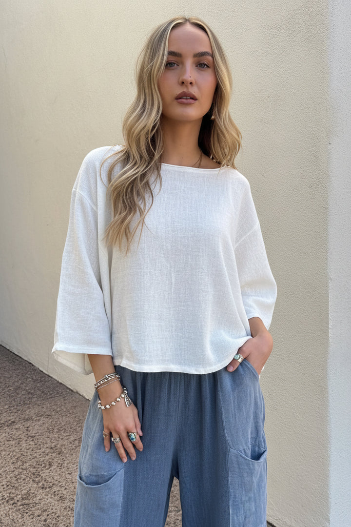 Meo Linen Boxy Dolman Tee (White)